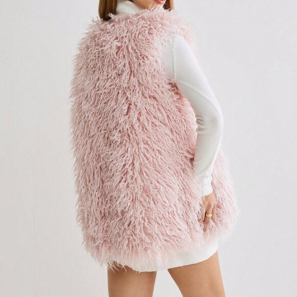 Pink Party Women's Fluffy Long Hair Tank Top Jacket - Picture 2 of 8